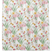 Pink Green Watercolor Wildflower シャワーカーテン (正面)