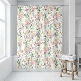 Pink Green Watercolor Wildflower シャワーカーテン