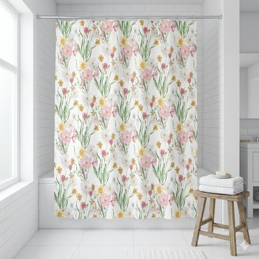 Pink Green Watercolor Wildflower シャワーカーテン