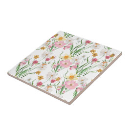 Pink Green Watercolor Wildflower タイル