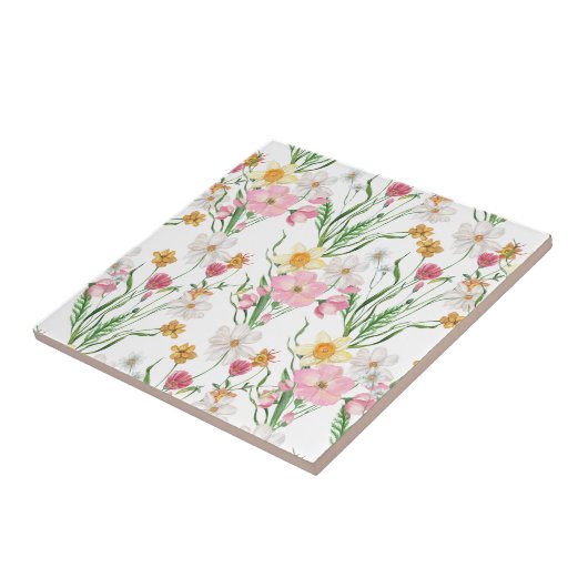 Pink Green Watercolor Wildflower タイル (側面)