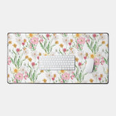 Pink Green Watercolor Wildflower デスクマット (キーボード&マウス)