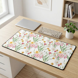 Pink Green Watercolor Wildflower デスクマット