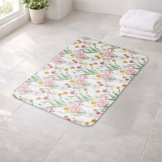 Pink Green Watercolor Wildflower バスマット