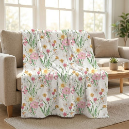 Pink Green Watercolor Wildflower フリースブランケット