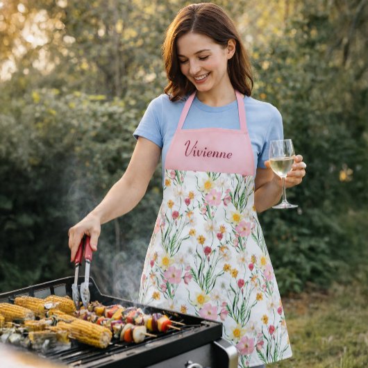 Pink Green Watercolor Wildflower Custom Name エプロン