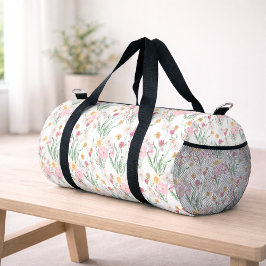 Pink Green Watercolor Wildflower Monogram ダッフルバッグ