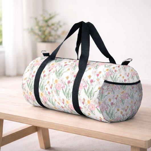 Pink Green Watercolor Wildflower Monogram ダッフルバッグ