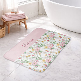 Pink Green Watercolor Wildflower Monogram バスマット