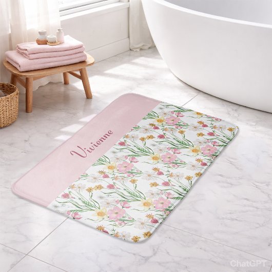 Pink Green Watercolor Wildflower Monogram バスマット