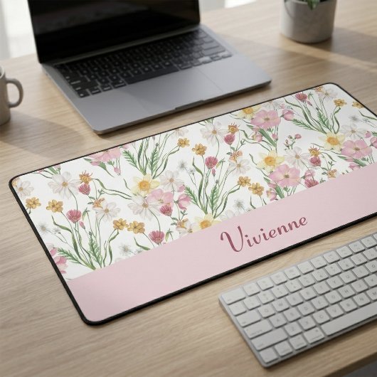 Pink Green Watercolor Wildflower Monogram Name デスクマット