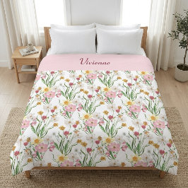 Pink Green Watercolor Wildflower Name フリースブランケット