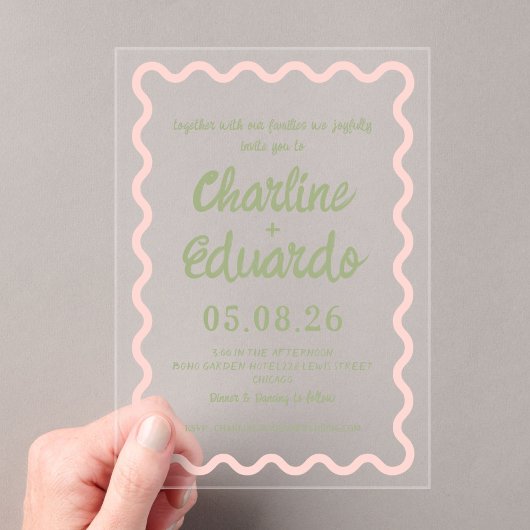 Pink green  Wavy Border Pastel Wedding Invitation アクリル招待状
