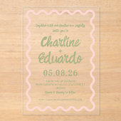 Pink green  Wavy Border Pastel Wedding Invitation アクリル招待状 (正面)