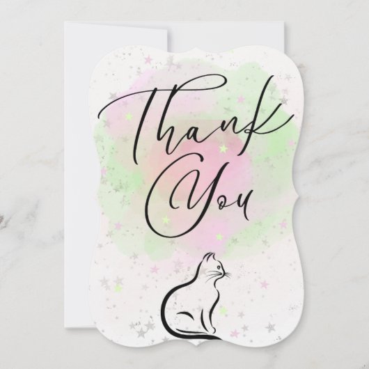Pink Green White Starry Cat Thank You Card ノートカード (正面)
