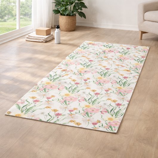 Pink Green Wildflower Watercolor ヨガマット