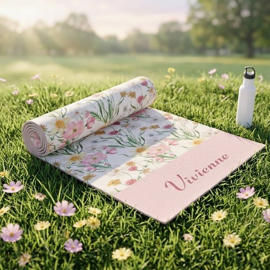 Pink Green Wildflower Watercolor Custom Name ヨガマット