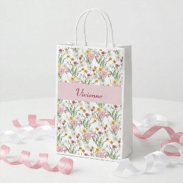Pink Green Wildflower Watercolor Monogram スモールペーパーバッグ