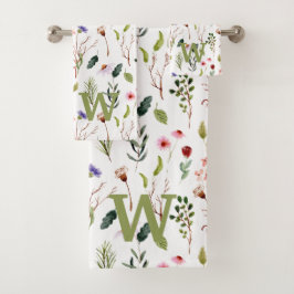 Pink &green wildflower Watercolor Monogram バスタオルセット