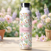 Pink Green Wildflower Watercolor Monogram Name