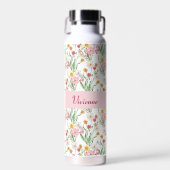Pink Green Wildflower Watercolor Monogram Name ウォーターボトル (正面)