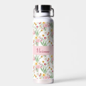 Pink Green Wildflower Watercolor Monogram Name ウォーターボトル (背面)