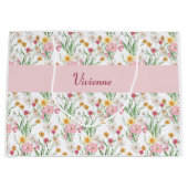 Pink Green Wildflower Watercolor Monogram Name ラージペーパーバッグ (正面)