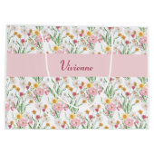Pink Green Wildflower Watercolor Monogram Name ラージペーパーバッグ (裏面)
