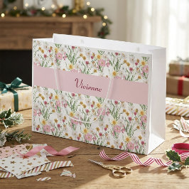 Pink Green Wildflower Watercolor Monogram Name ラージペーパーバッグ