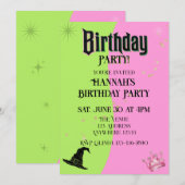 Pink/Green Witch Hat & Princess Crown Birthday 招待状 (正面/裏面)