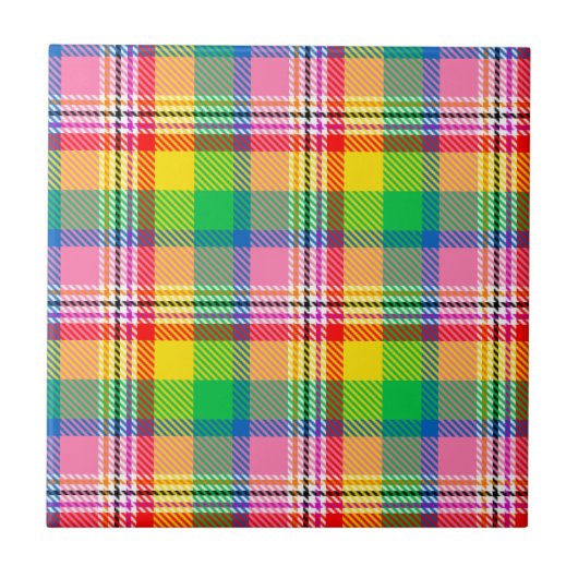 Pink Green Yellow Madras Plaid Design  タイル (正面)