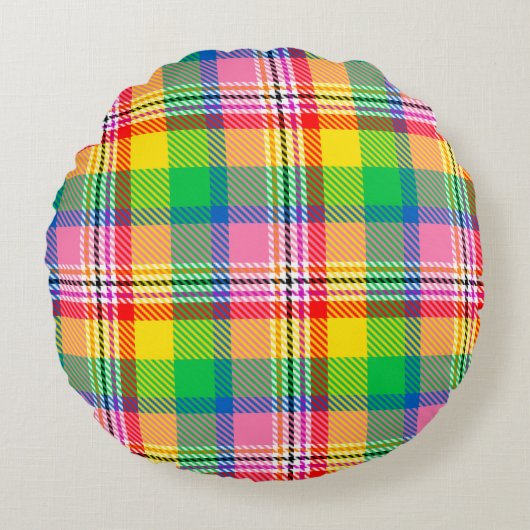 Pink Green Yellow Madras Plaid Design  ラウンドクッション (正面)