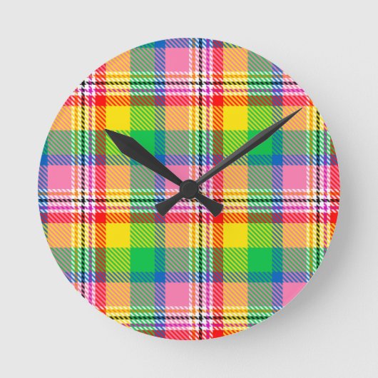 Pink Green Yellow Madras Plaid Design  ラウンド壁時計 (正面)