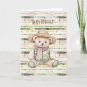 Pink Green Yellow Stripes Teddy Bear Birthday カード (正面)