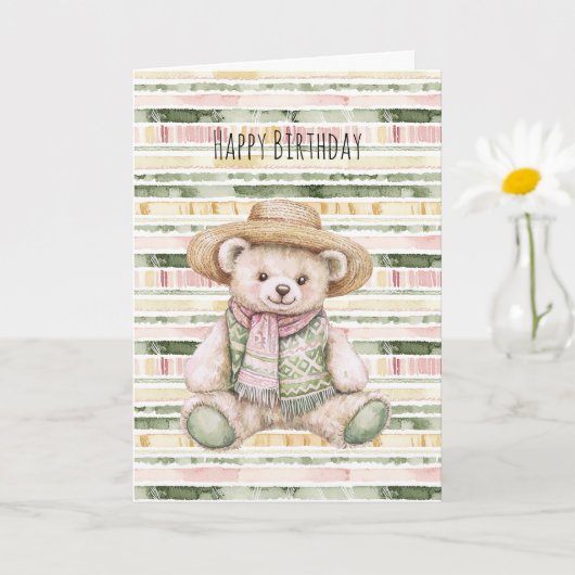 Pink Green Yellow Stripes Teddy Bear Birthday カード (小さな植物)