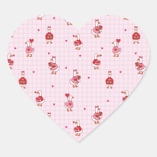 Pink Grid Cute Valentine Goose Pattern with Hearts ハートシール (正面)
