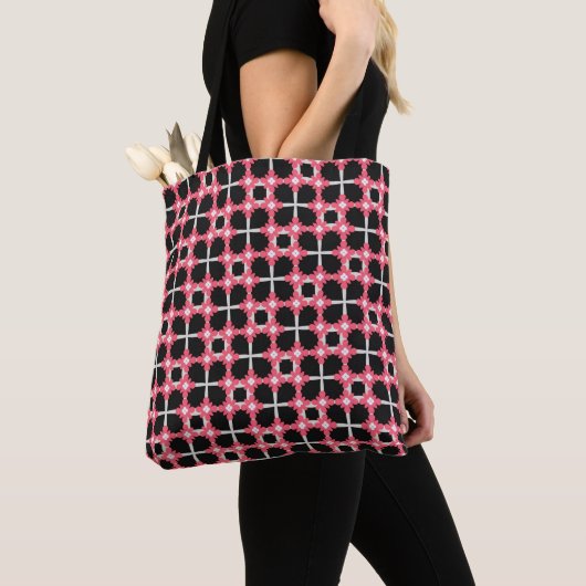 Pink Grid Flower Retro Pattern Tote トートバッグ (クローズアップ)