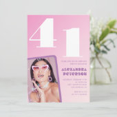 Pink Groovy 41th誕生日招待状レトロ写真 招待状 (スタンド正面)