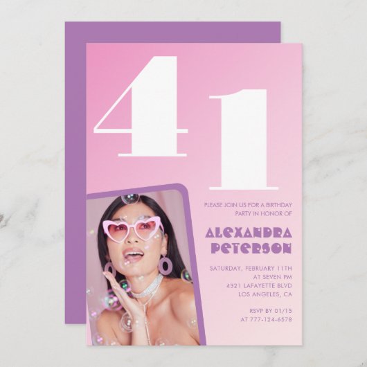 Pink Groovy 41th誕生日招待状レトロ写真 招待状 (正面/裏面)