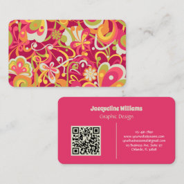 Pink Groovy 60s 70s Floral Swirls Business Card 名刺