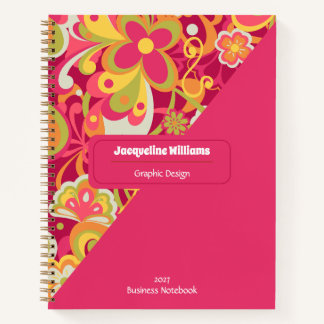 Pink Groovy 60s 70s Floral Swirls II ノートブック