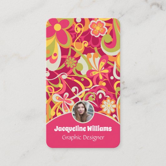 Pink Groovy 60s 70s Floral Swirls Vers II 名刺 (正面)