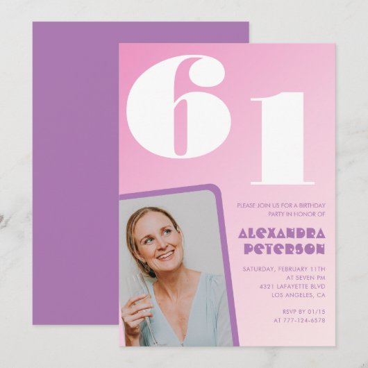 Pink Groovy 61th誕生日招待状レトロ写真 招待状 (正面/裏面)