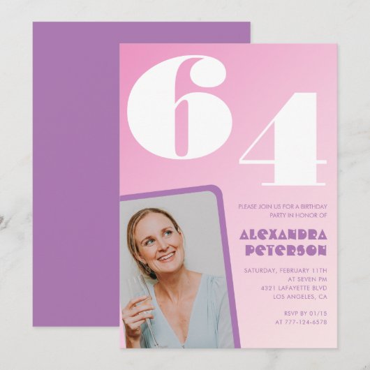 Pink Groovy 64th誕生日招待状レトロ写真 招待状 (正面/裏面)