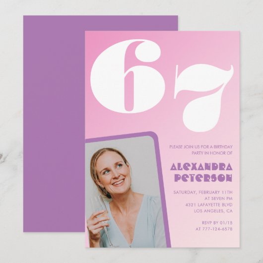 Pink Groovy 67th誕生日招待状レトロ写真 招待状 (正面/裏面)