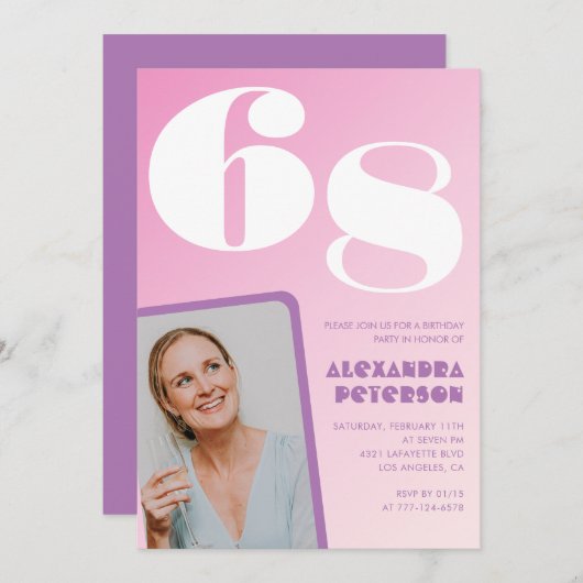 Pink Groovy 68th誕生日招待状レトロ写真 招待状 (正面/裏面)