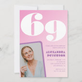 Pink Groovy 69th誕生日招待状レトロ写真 招待状 (正面)