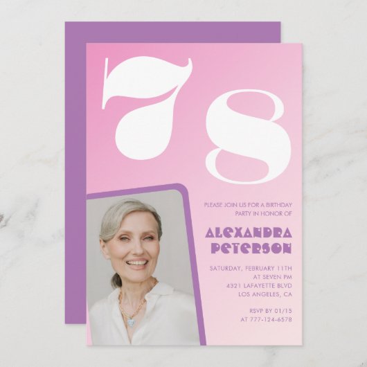 Pink Groovy 78th誕生日招待状レトロ写真 招待状 (正面/裏面)