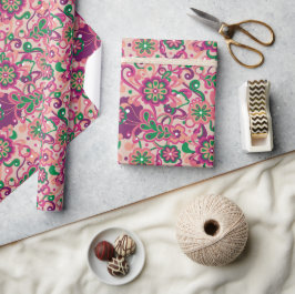 Pink Groovy Psychedelic 60s 70s Floral Birthday ラッピングペーパー