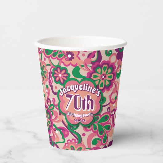 Pink Groovy Psychedelic 60s 70s Floral Birthday 紙コップ (正面)